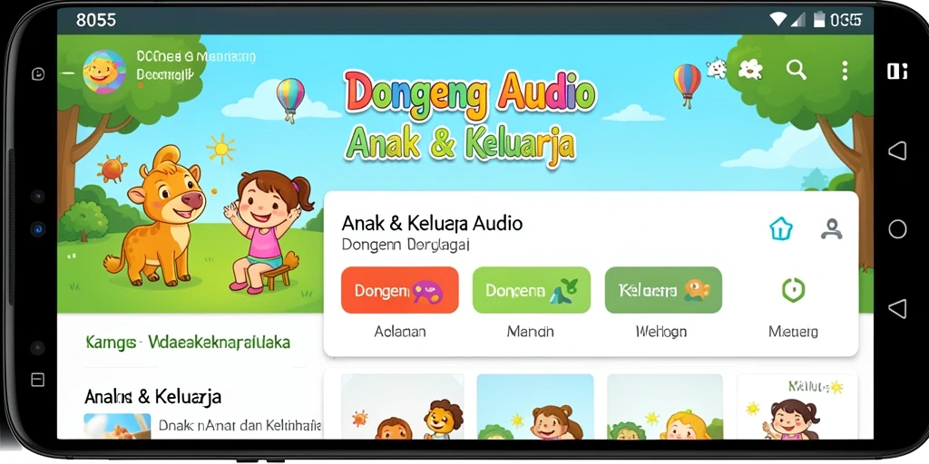Tampilan antarmuka aplikasi Dongeng Audio yang ceria dan ramah anak.