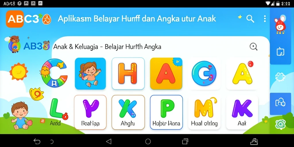 Antarmuka aplikasi ABC33 yang menyenangkan dan interaktif untuk belajar.